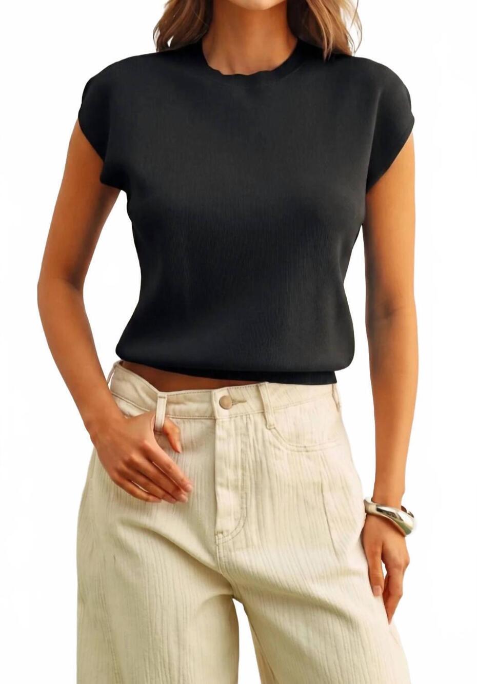 NEW MIOU MUSE round neck cap short sleeve knit top in black